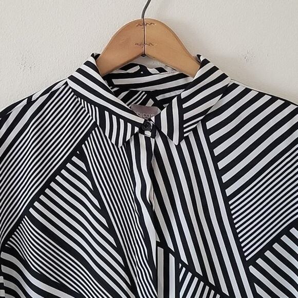 Chico's Black White Mixed Stripe Button Down Tunic Blouse Size Medium - Picture 2 of 5